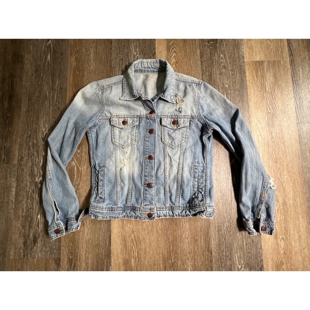 Zara Z1975 Denim Jacket Women Size L Light Wash Good Distressed Trucker Blue‎